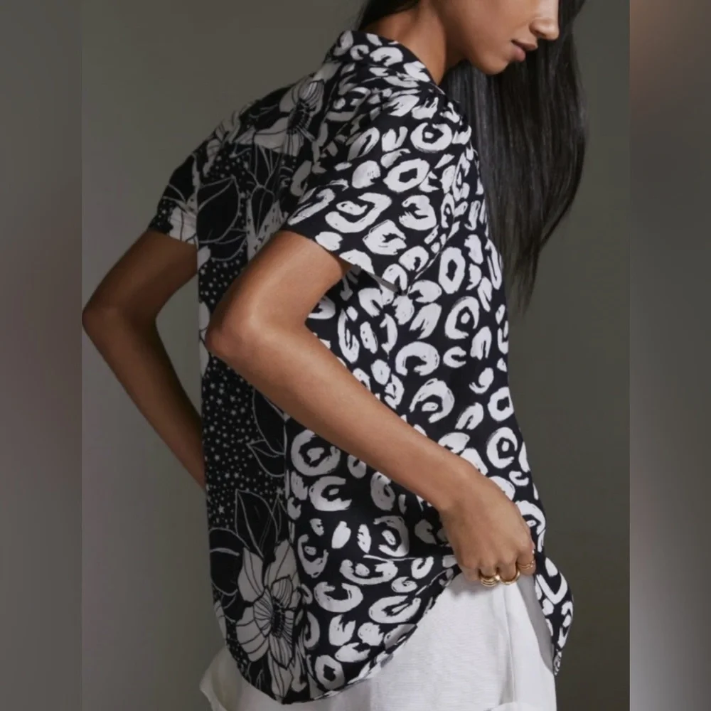 Farm Rio for Anthropologie Button Down Print Black White Surf Shirt Size Small - Picture 2 of 13